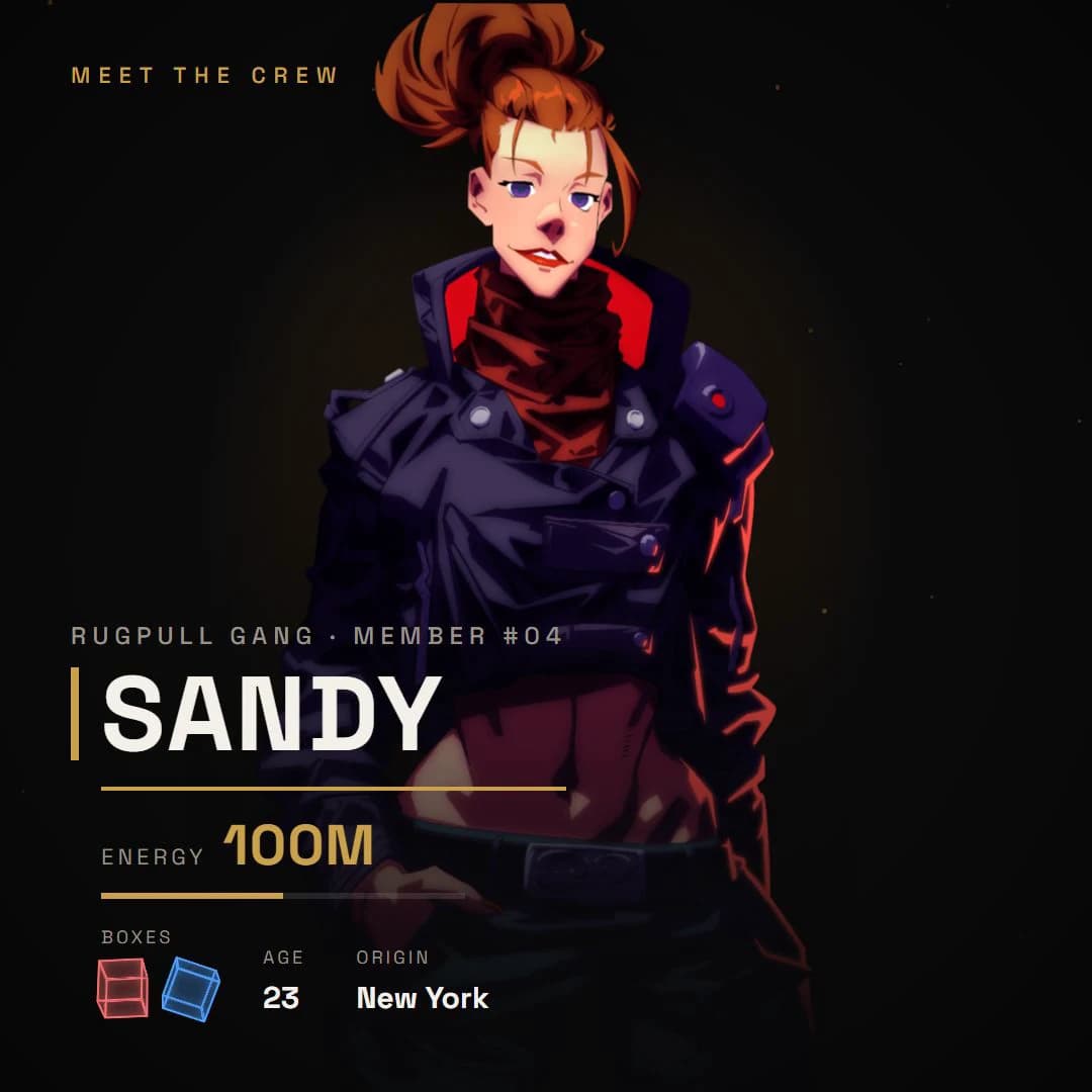 Sandy, member 04 of the Rugpull Gang — energy 100M, origin New York City